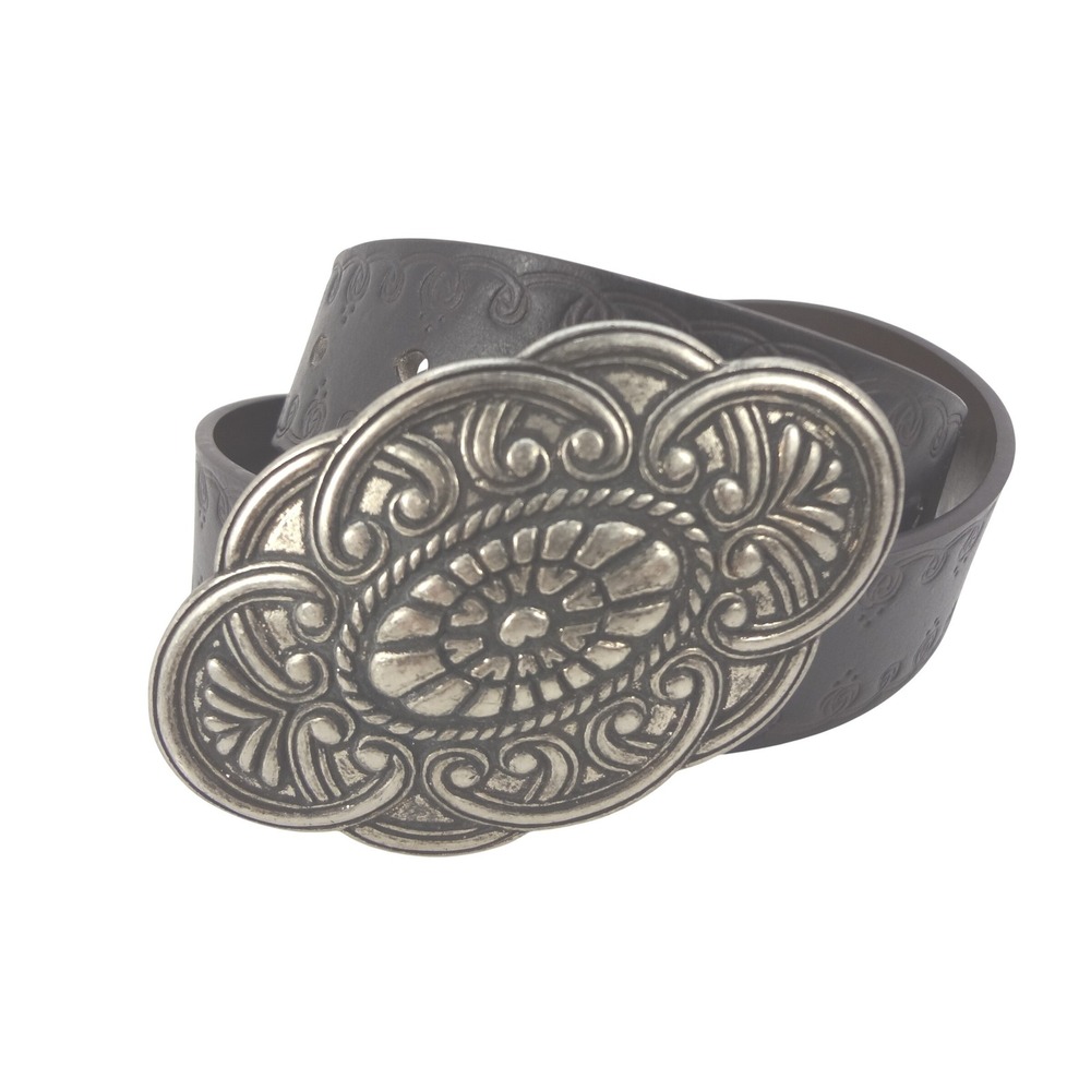 Western-Inspired Dark Brown Embossed Belt Silver Tone Oval Buckle Women's Med